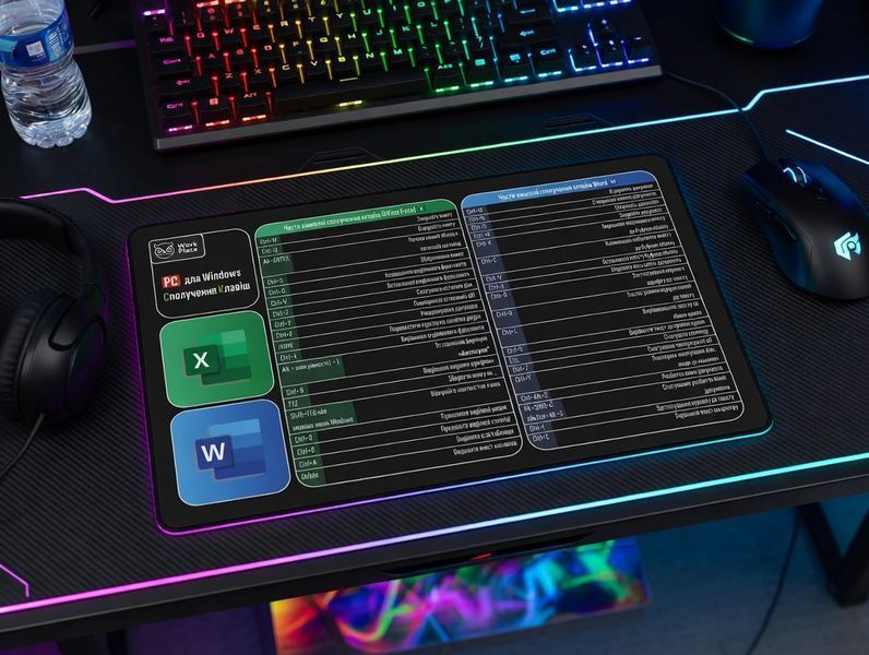 Gaming mouse pad Work Place Shop Word and Excel Shortcut Keys &mdash; великий килимок для мишки з гарячими клавішами Office